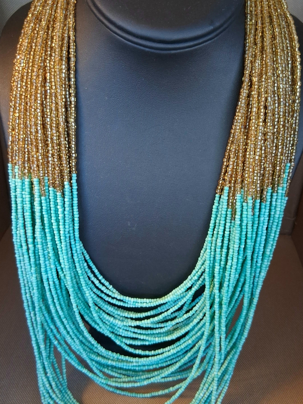 Aqua and Gold Multi-Strand Beaded Necklace - Women Jewelry